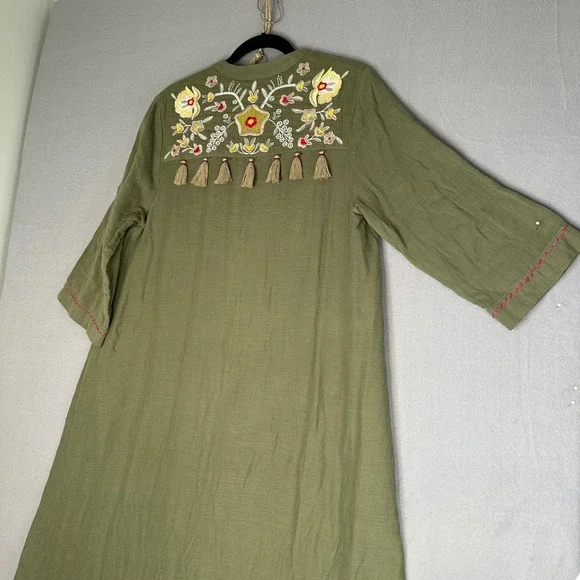 Soft Surroundings Embroidered Tunic Dress Olive Green Tassel Detail Women Large - Picture 2 of 14